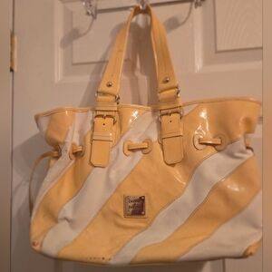 Dooney & Bourke Yellow Leather Canvas Stripe Tote Shoulder Bag Pink Lining